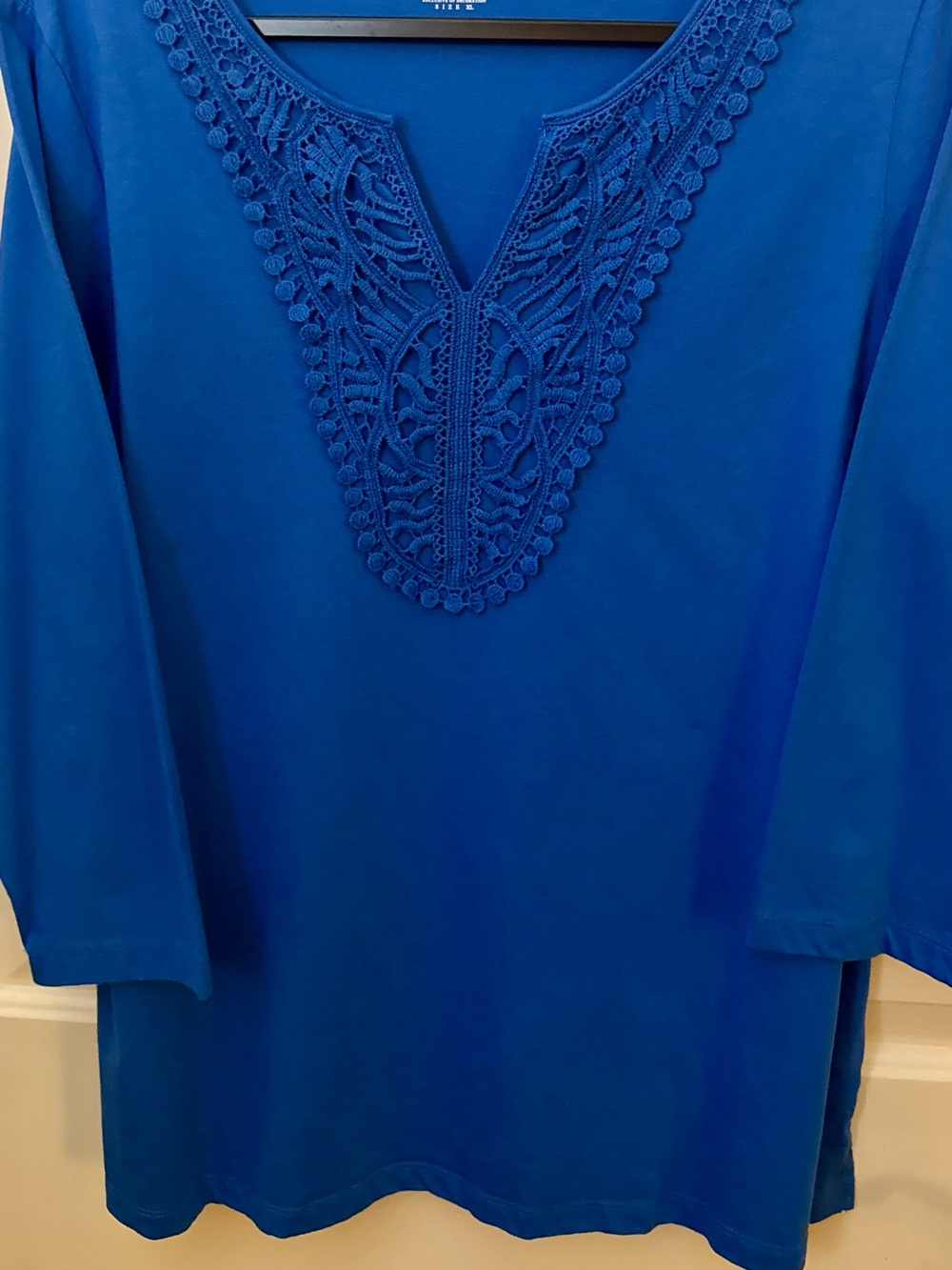 Charter Club Top 100% Cotton Boho Style Blue Crochet-Trim Top Size -  XL - Picture 2 of 9